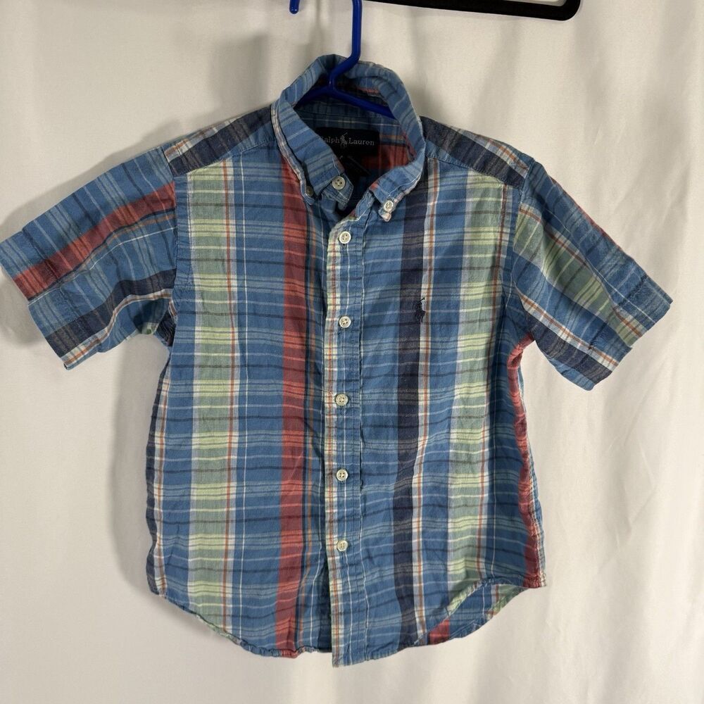 Ralph Lauren Casual Button Up Shirt Boys 4T Blue Plaid Short Sleeve Collared